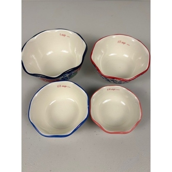 Pioneer Woman Heritage Floral Stoneware Nesting Measuring Bowl Set of 4 Blue Red - Picture 3 of 8
